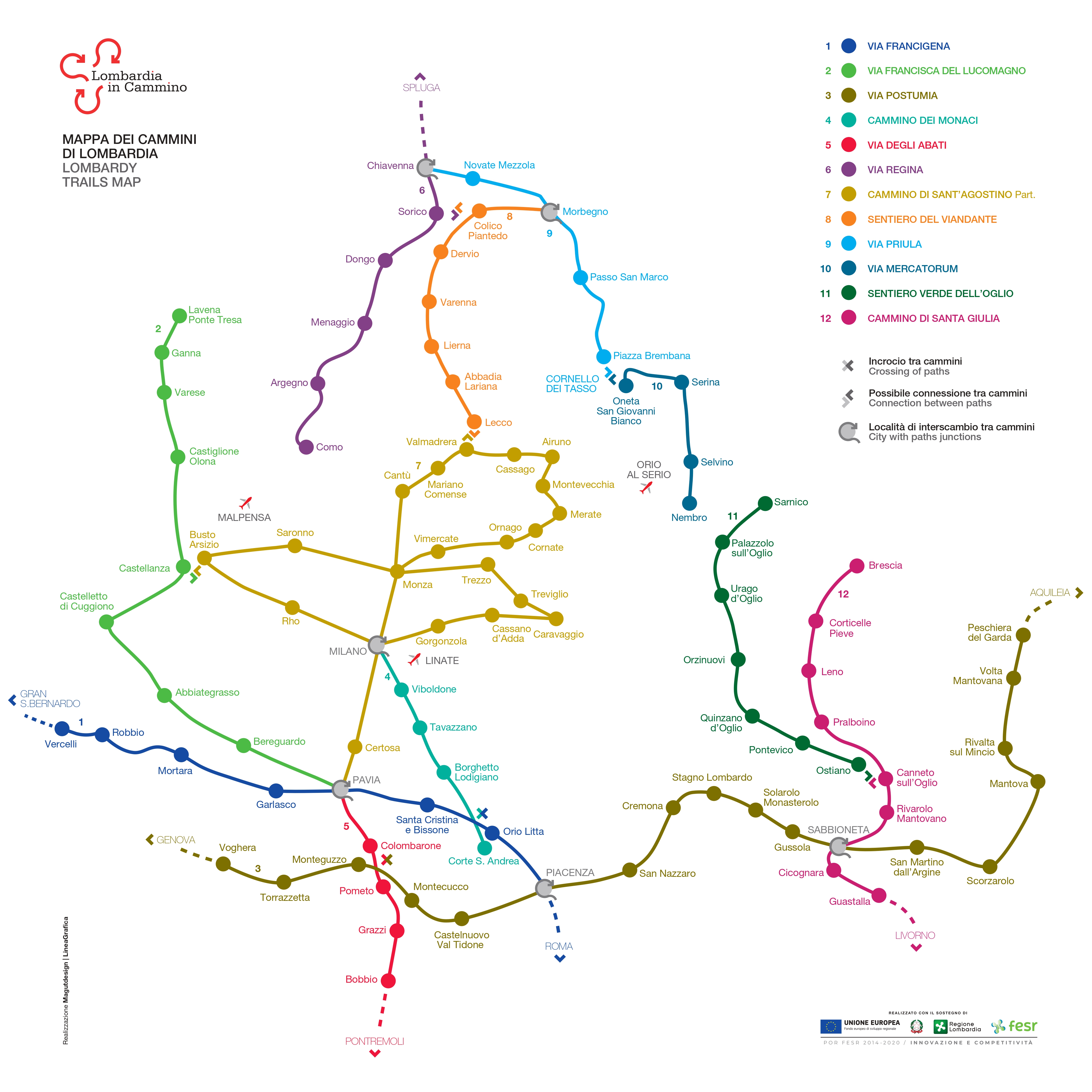 mappa schematica della Lombardia che mostra i 12 cammini